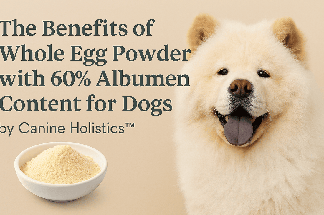 Blog banner featuring a happy cream Chow Chow with a shiny coat, a white bowl of whole egg powder, and text reading ‘The Benefits of Whole Egg Powder with 60% Albumen Content for Dogs by Canine Holistics™ over a soft pastel background.