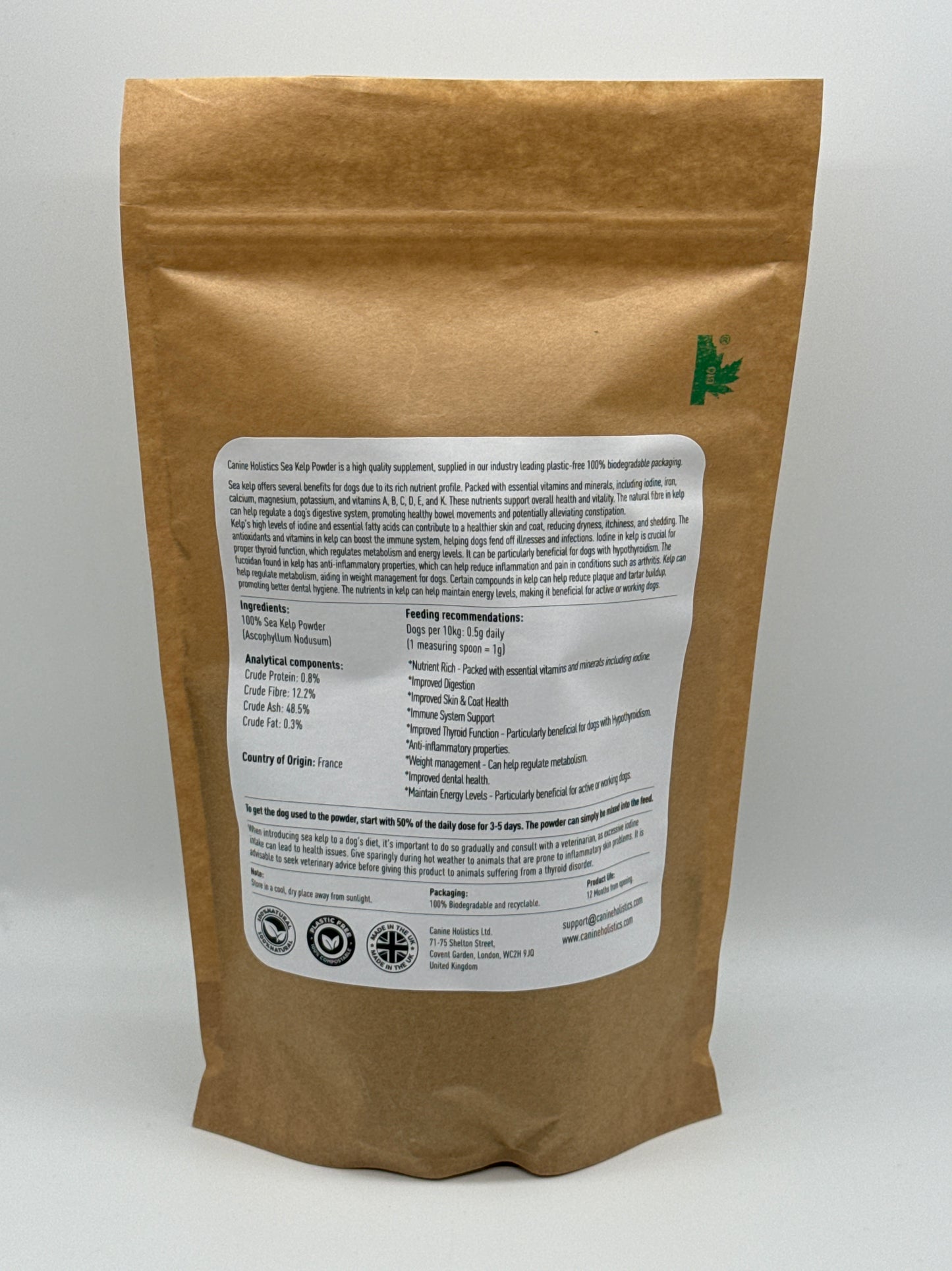 Image containing Canine Holistics™ Sea Kelp Powder for Dogs 300g. Rear view of branded product in biodegradable zip bag, displaying product information and dosage instructions.