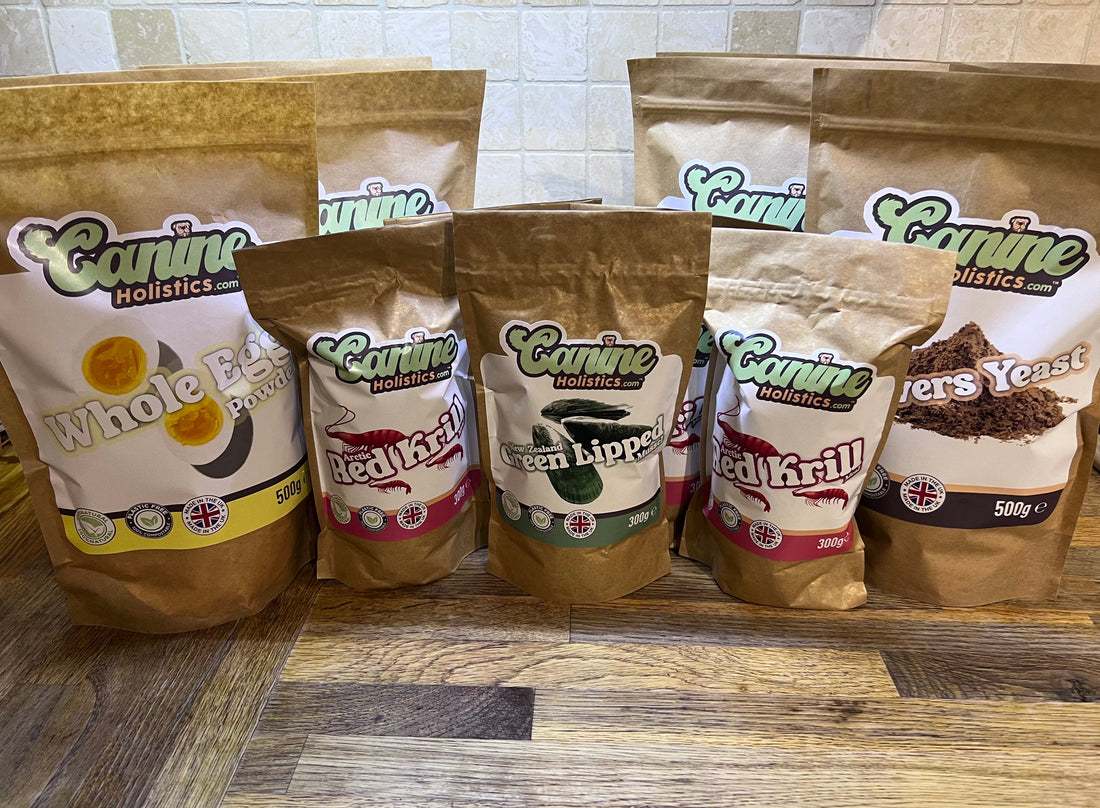 Image containing a selection of natural powder supplements for dogs by Canine Holistics™. 