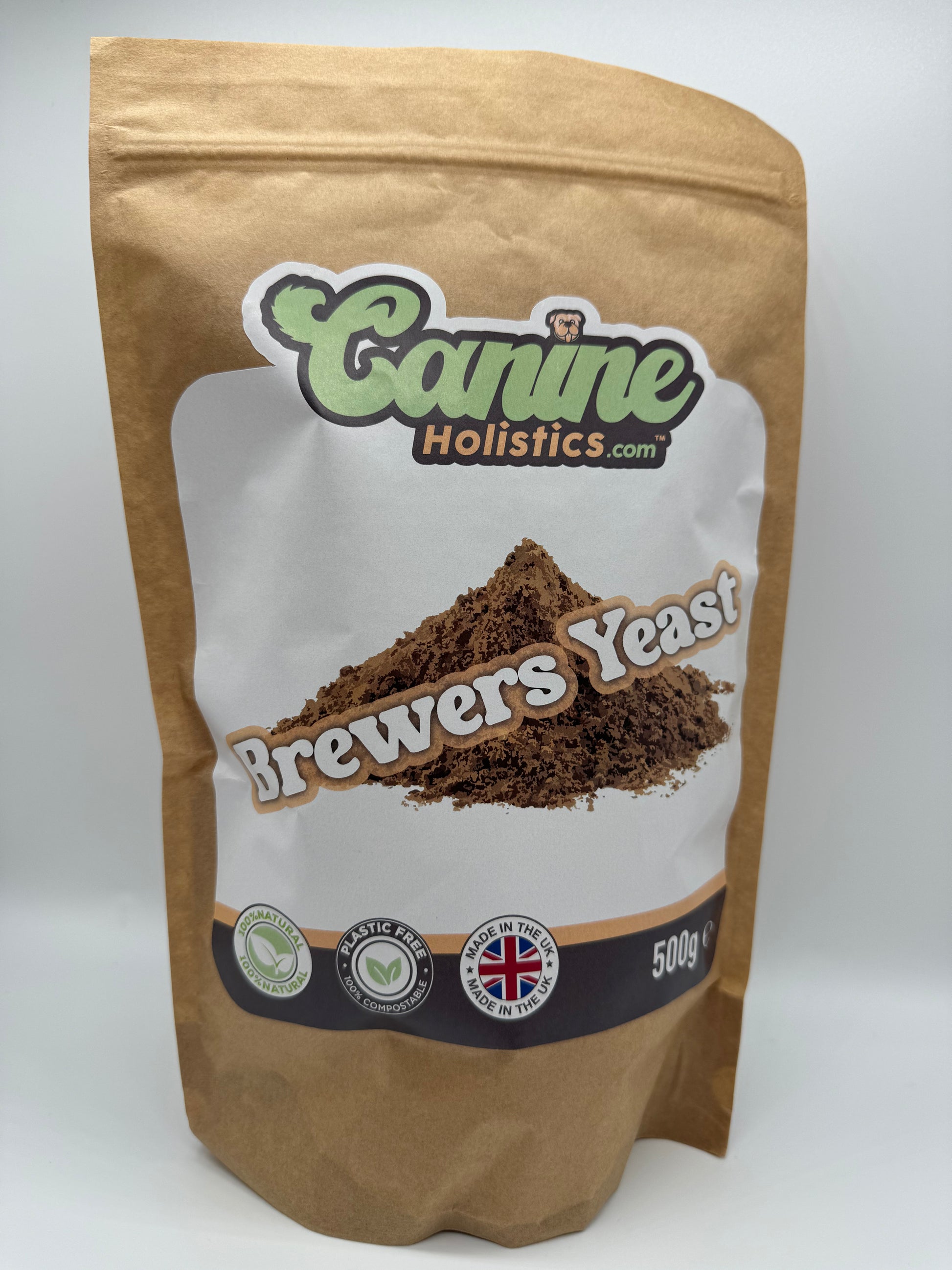 Image containing Canine Holistics™ Brewer’s Yeast for Dogs 500g. Front view of branded product in biodegradable zip bag. 