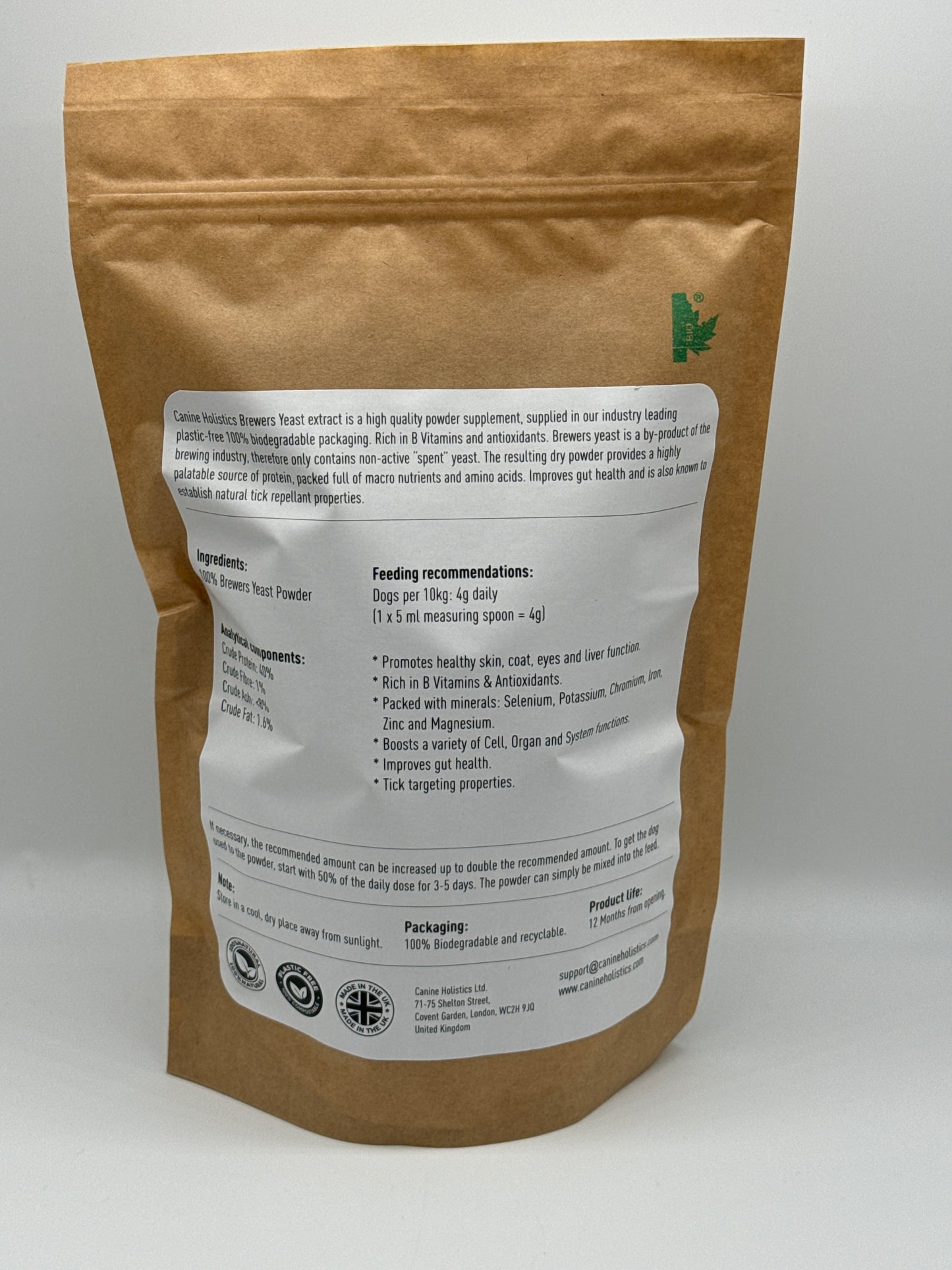 Image containing Canine Holistics™ Brewer’s Yeast for Dogs 500g. Rear view of branded product in biodegradable zip bag, displaying product information and dosage instructions. 