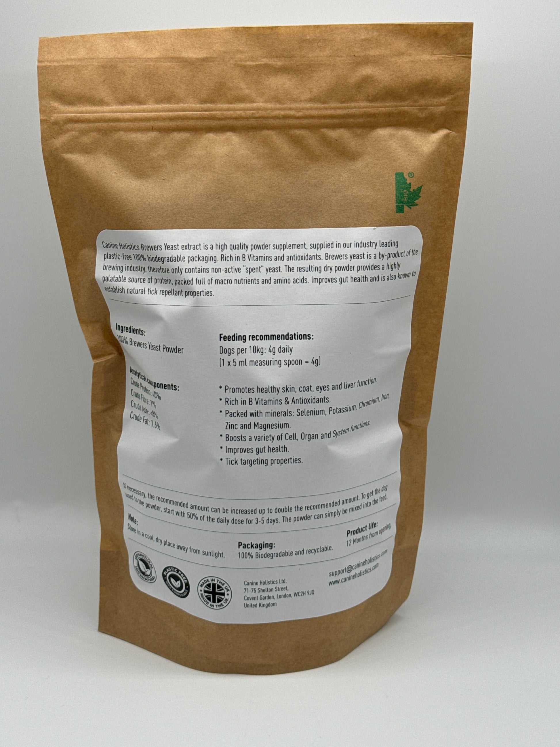 Image containing Canine Holistics™ Brewer’s Yeast for Dogs 500g. Rear view of branded product in biodegradable zip bag, displaying product information and dosage instructions. 