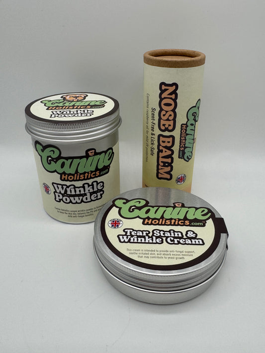 Image containing Canine Holistics™ Face Care Value Bundle comprising of Canine Holistics™ Natural Nose Balm, Wrinkle Powder and Tear Stain & Wrinkle Cream products. 