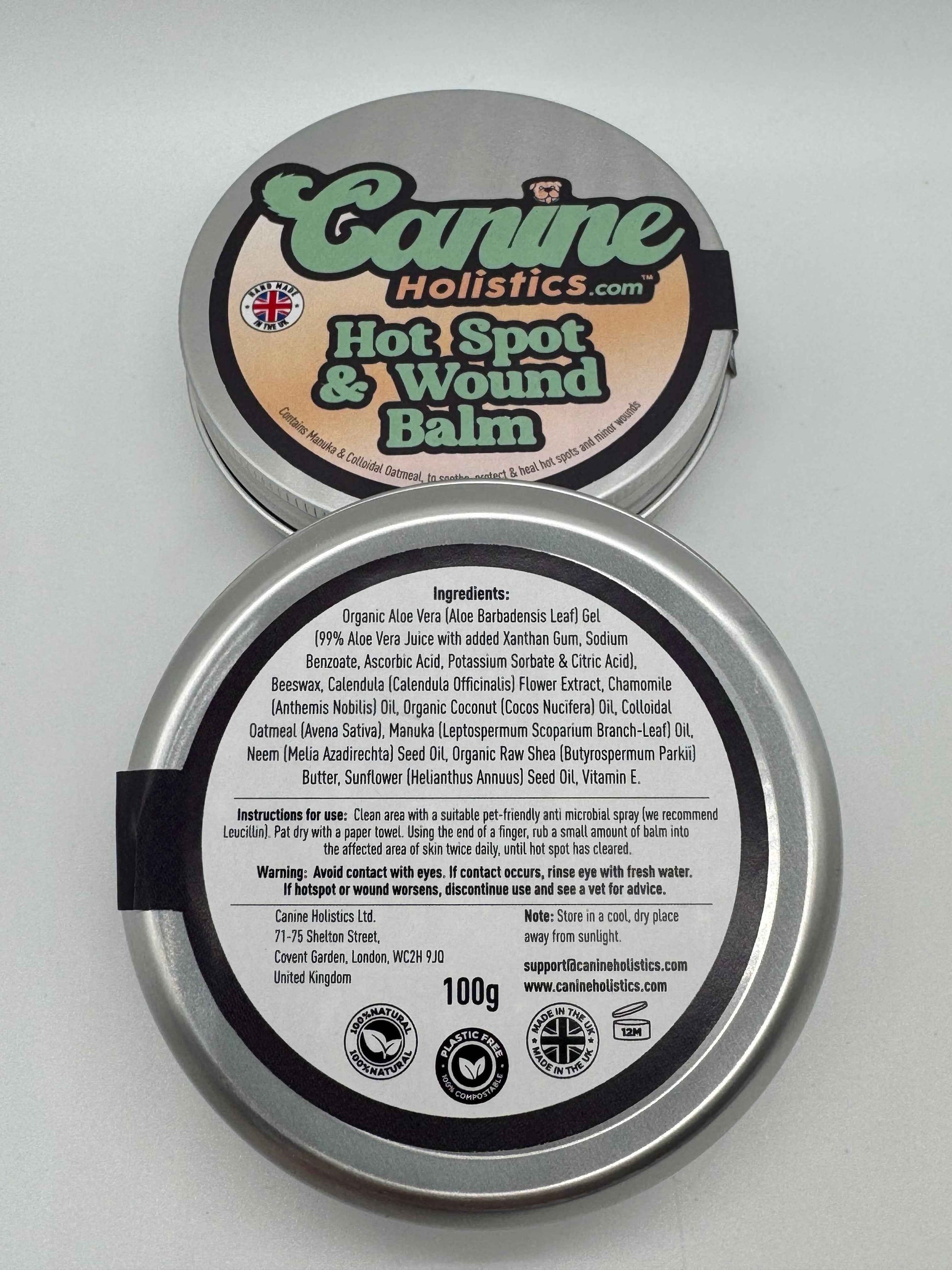 Image of Canine Holistics™ Hot Spot and Wound Balm 100ml tin. Top and bottom view of branded packaging. 