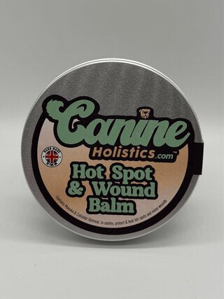 Image of Canine Holistics™ Hot Spot and Wound Balm 100ml tin. Top view of branded packaging. 