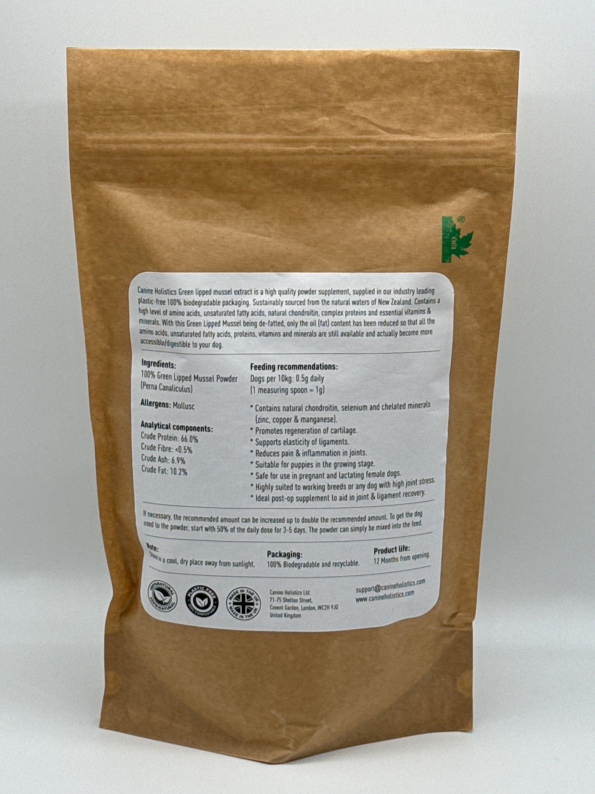 Image of Canine Holistics™ Pure Green Lipped Mussel Powder 300g for dogs in branded biodegradable resealable zip bag. Rear view of branded product packaging displaying product information and dosage instructions. 