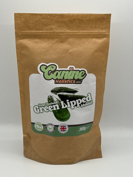 Image of Canine Holistics™ Pure Green Lipped Mussel Powder for dogs 300g in branded biodegradable resealable zip bag. Front view of branded product. 