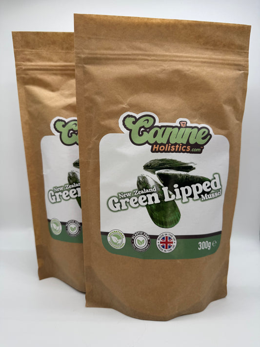 Image of two bags of Canine Holistics™ Pure Green Lipped Mussel Powder for dogs in branded biodegradable resealable zip bags. Front view of branded product packaging for 600g value bundle. 