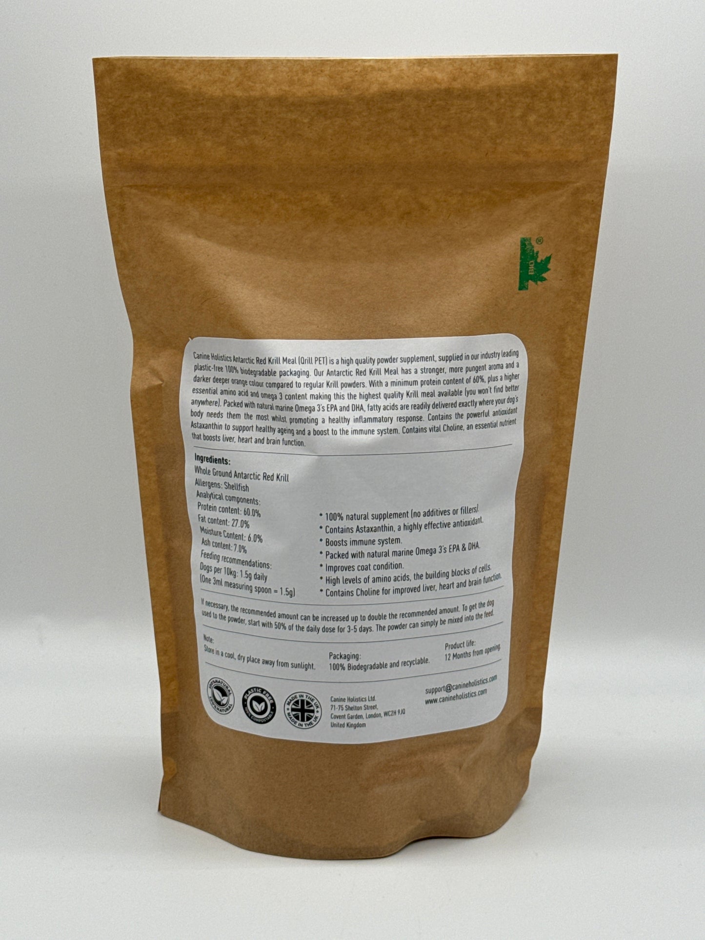 Image containing Canine Holistics™ Pure Red Krill Meal for Dogs 300g. Rear view of branded product in biodegradable paper zip bag, displaying product information and dosage instructions. 