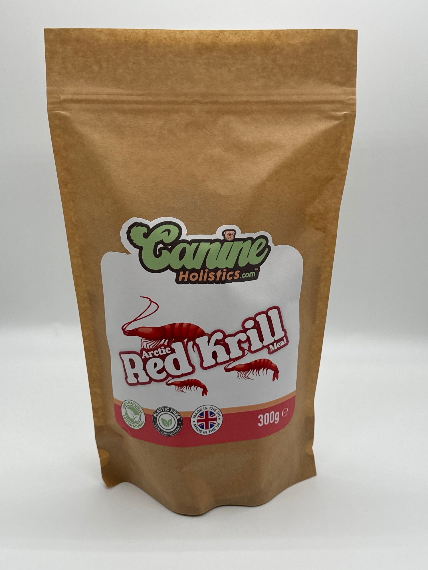 Image containing Canine Holistics™ Pure Red Krill Meal for Dogs 300g. Front view of branded product in biodegradable zip bag. 