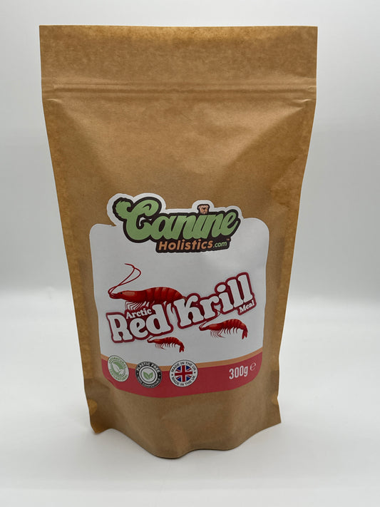 Image containing Canine Holistics™ Pure Red Krill Meal for Dogs 300g. Front view of branded product in biodegradable zip bag. 