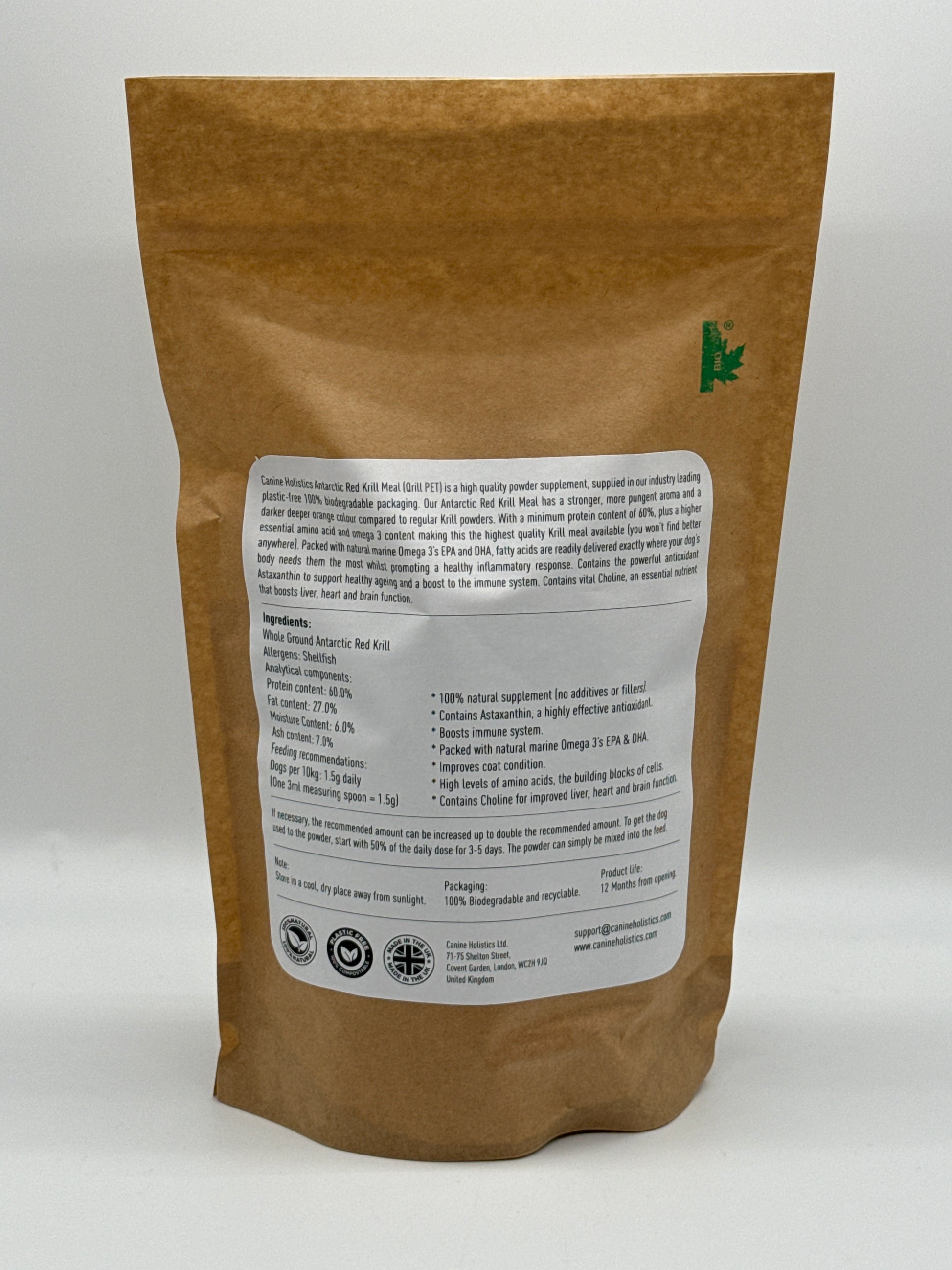 Image containing Canine Holistics™ Pure Red Krill Meal for Dogs 300g. Rear view of branded product in biodegradable zip bag, displaying product ingredients and dosage instructions. 