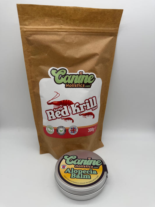 Image containing Canine Holistics™ Skin Re-Gen Value Bundle comprising of Canine Holistics™ Pure Red Krill Meal 300g and Alopecia Balm 100ml products. 
