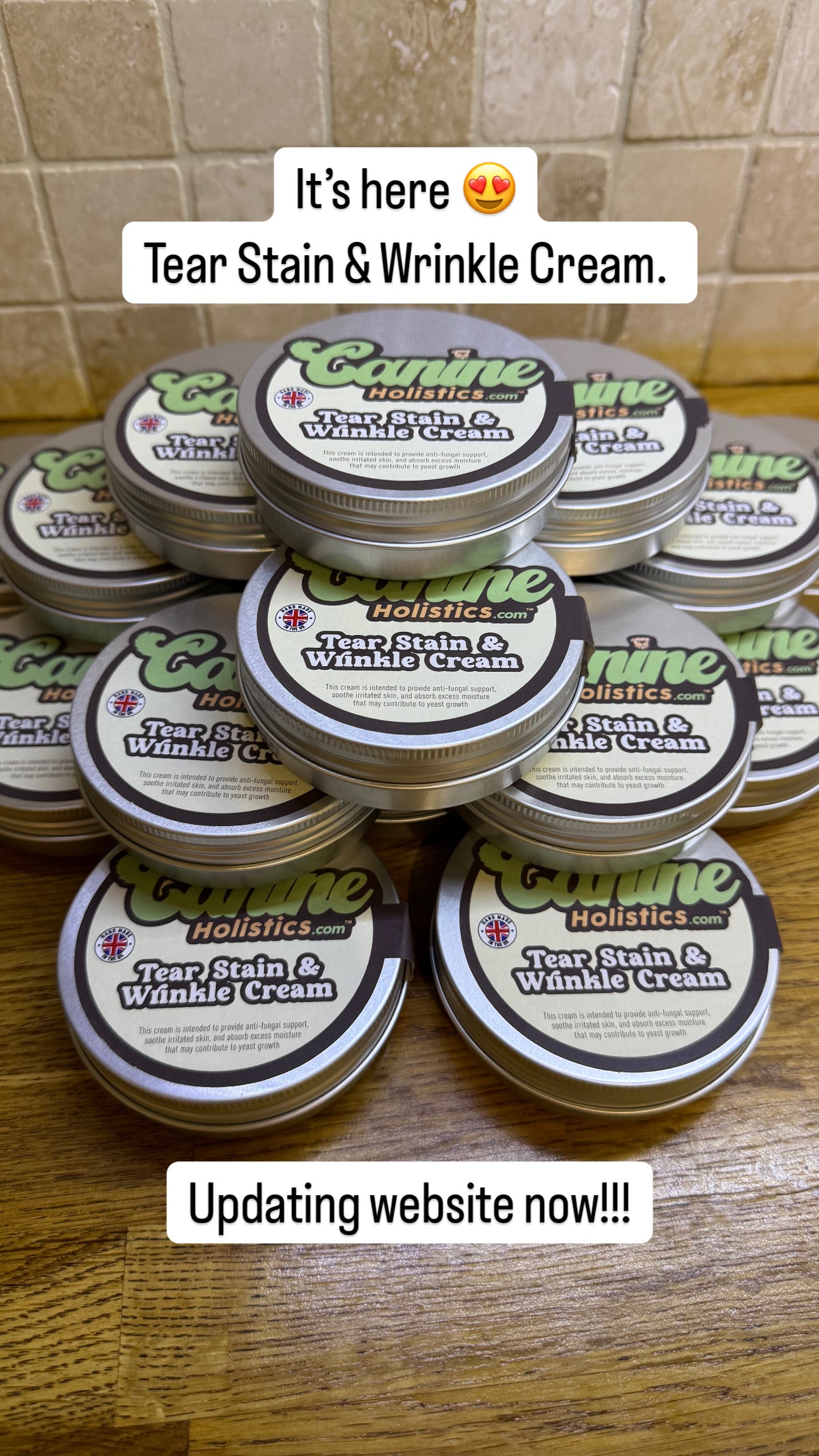 Canine Holistics™ Tear Stain & Wrinkle Cream for Dogs – 100ml eco friendly aluminium tin, top front view stack of multiple tins. 