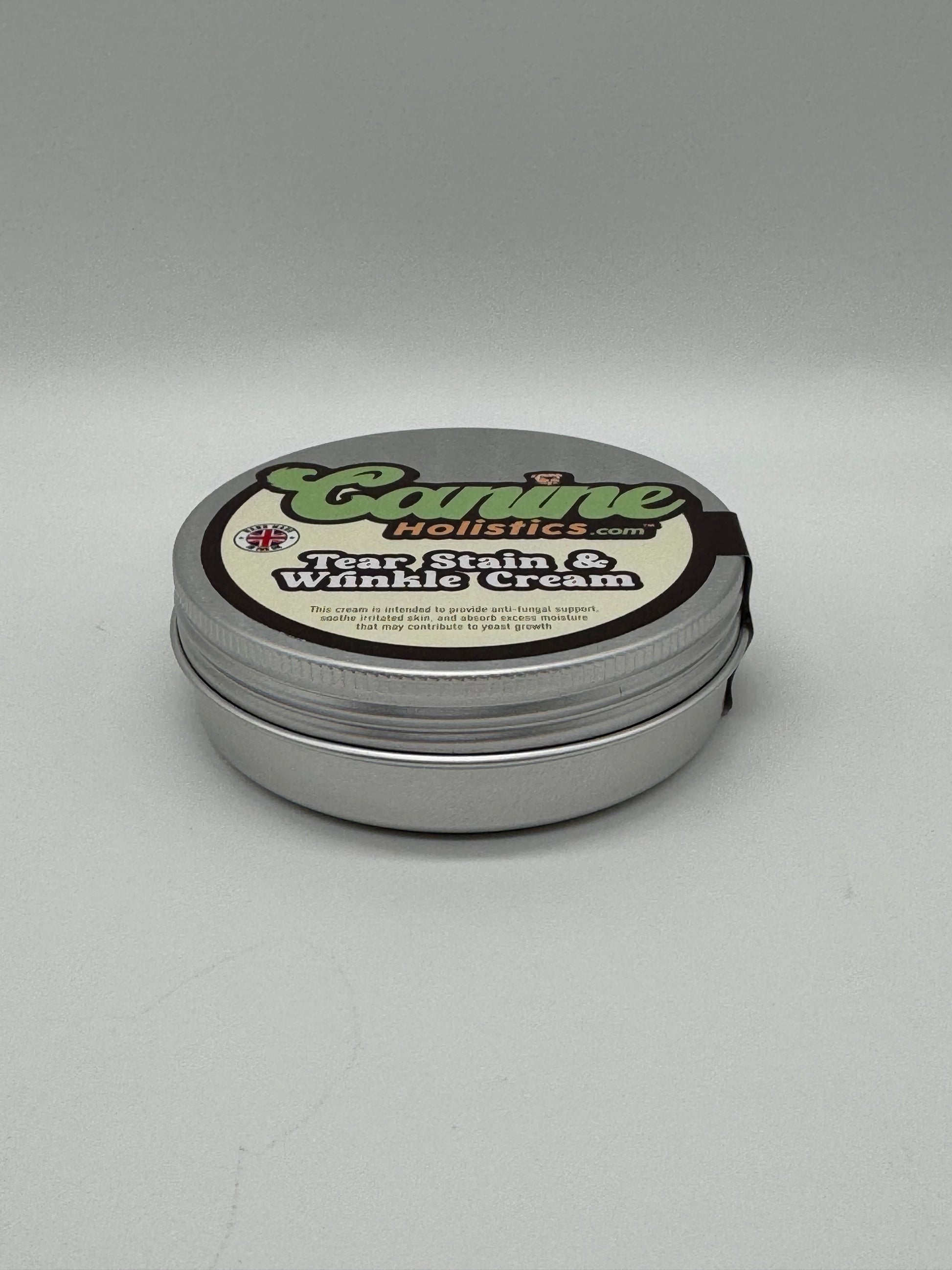 Canine Holistics™ Tear Stain & Wrinkle Cream for Dogs – 100ml eco friendly aluminium tin top front view. 