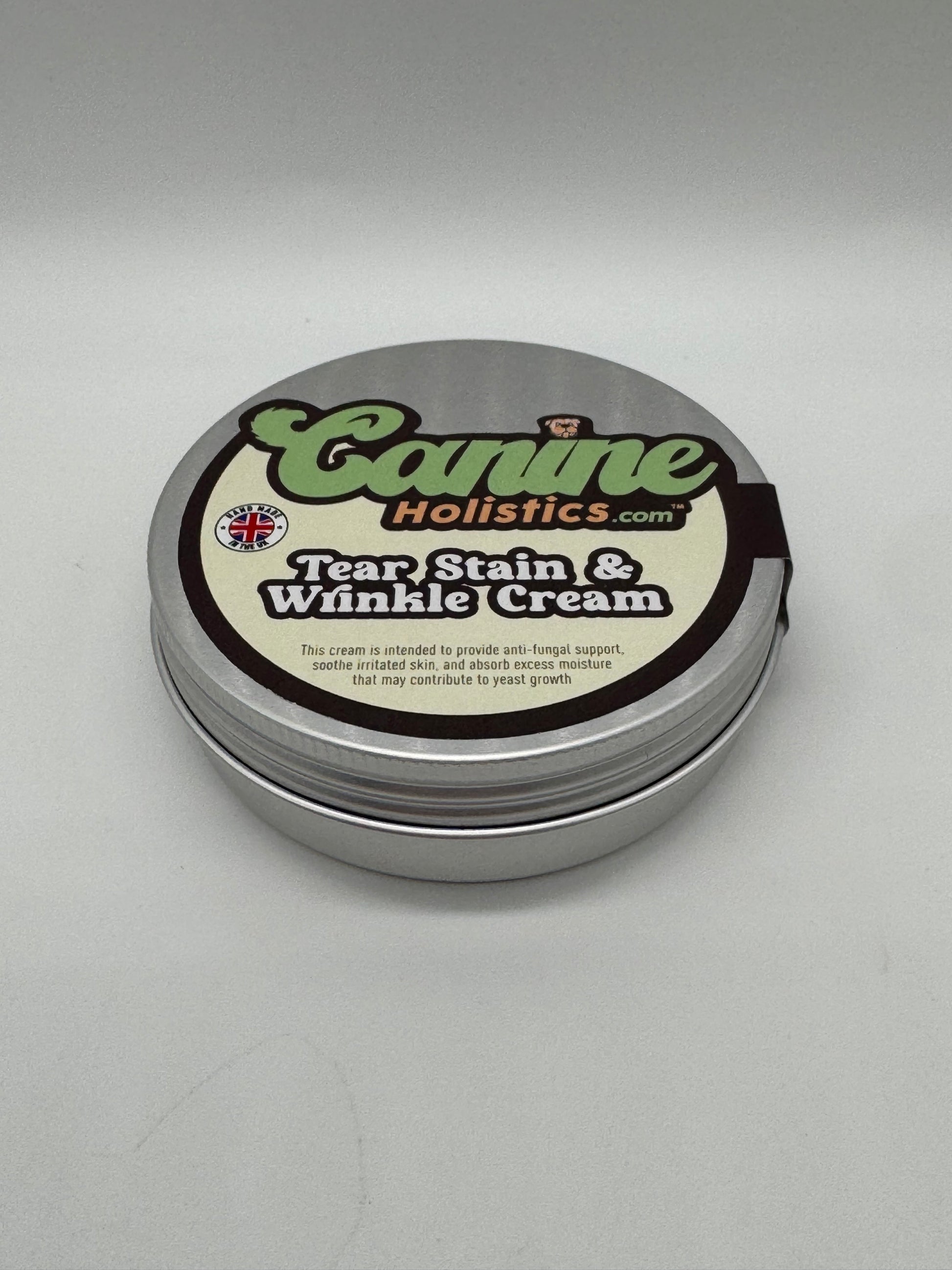 Canine Holistics™ Tear Stain & Wrinkle Cream for Dogs – 100ml eco friendly aluminium tin top view. 