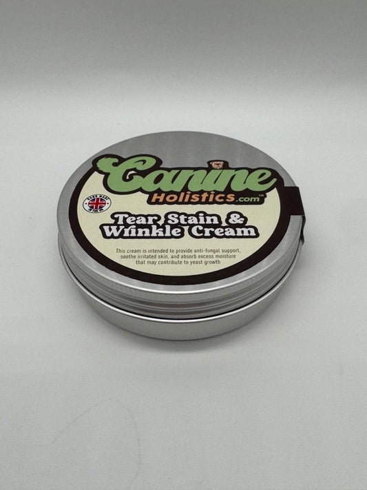 Canine Holistics™ Tear Stain & Wrinkle Cream for Dogs – 100ml eco friendly aluminium tin top view. 
