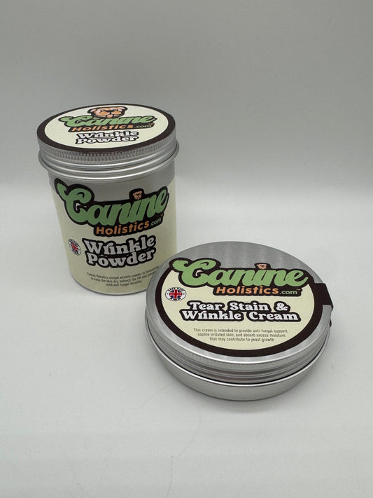 Image of Canine Holistics™ Tear Stain Value Bundle containing Wrinkle Powder and Tear Stain & Wrinkle Cream for Dogs. 