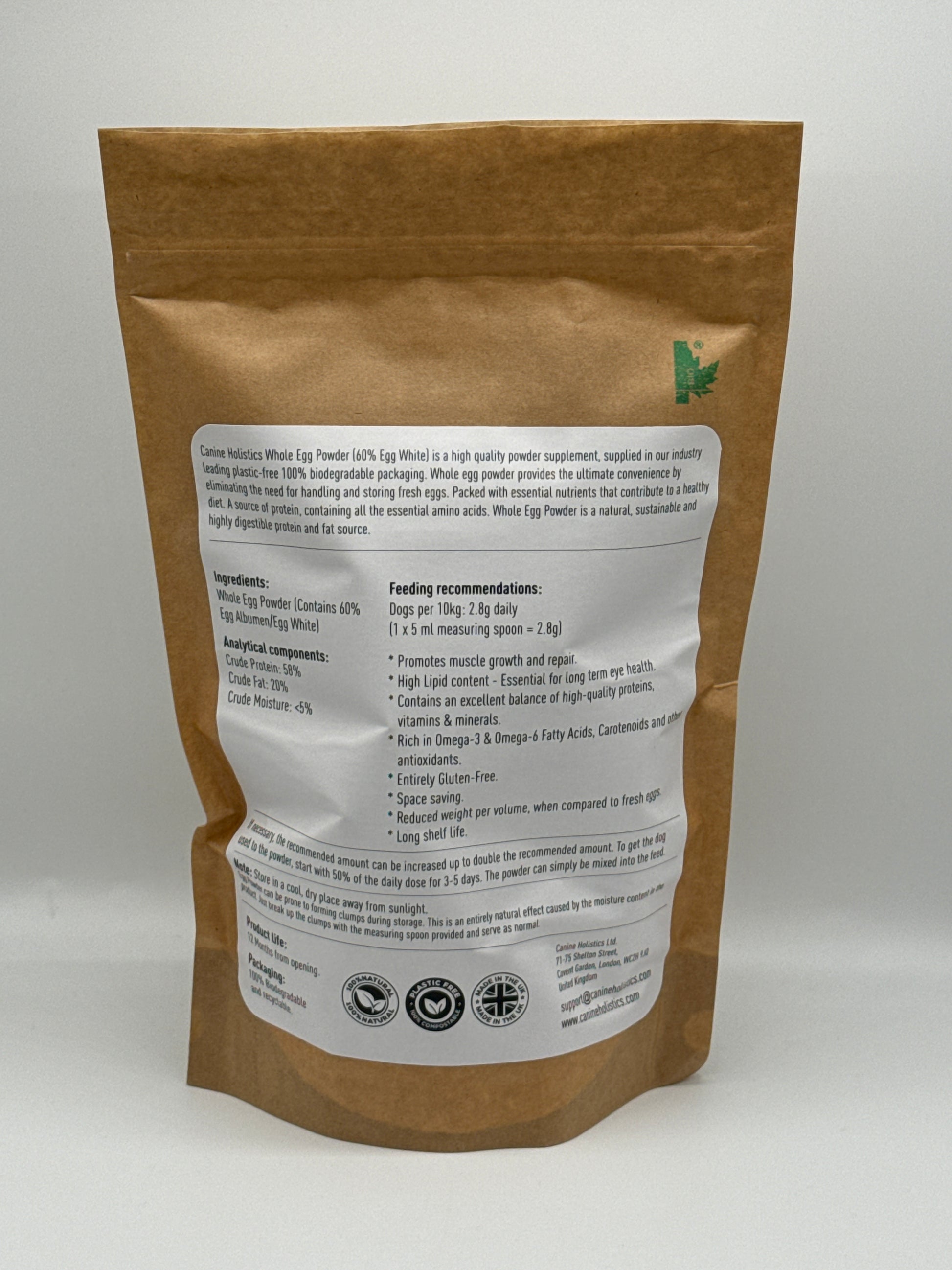 Canine Holistics™ Whole Egg Powder for Dogs – 500g eco-friendly biodegradable pouch, high-protein supplement, made in the UK. Rear view displaying product information and dosage instructions. 