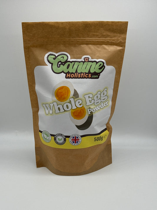 Canine Holistics™ Whole Egg Powder for Dogs – 500g eco-friendly biodegradable pouch, high-protein supplement, made in the UK.