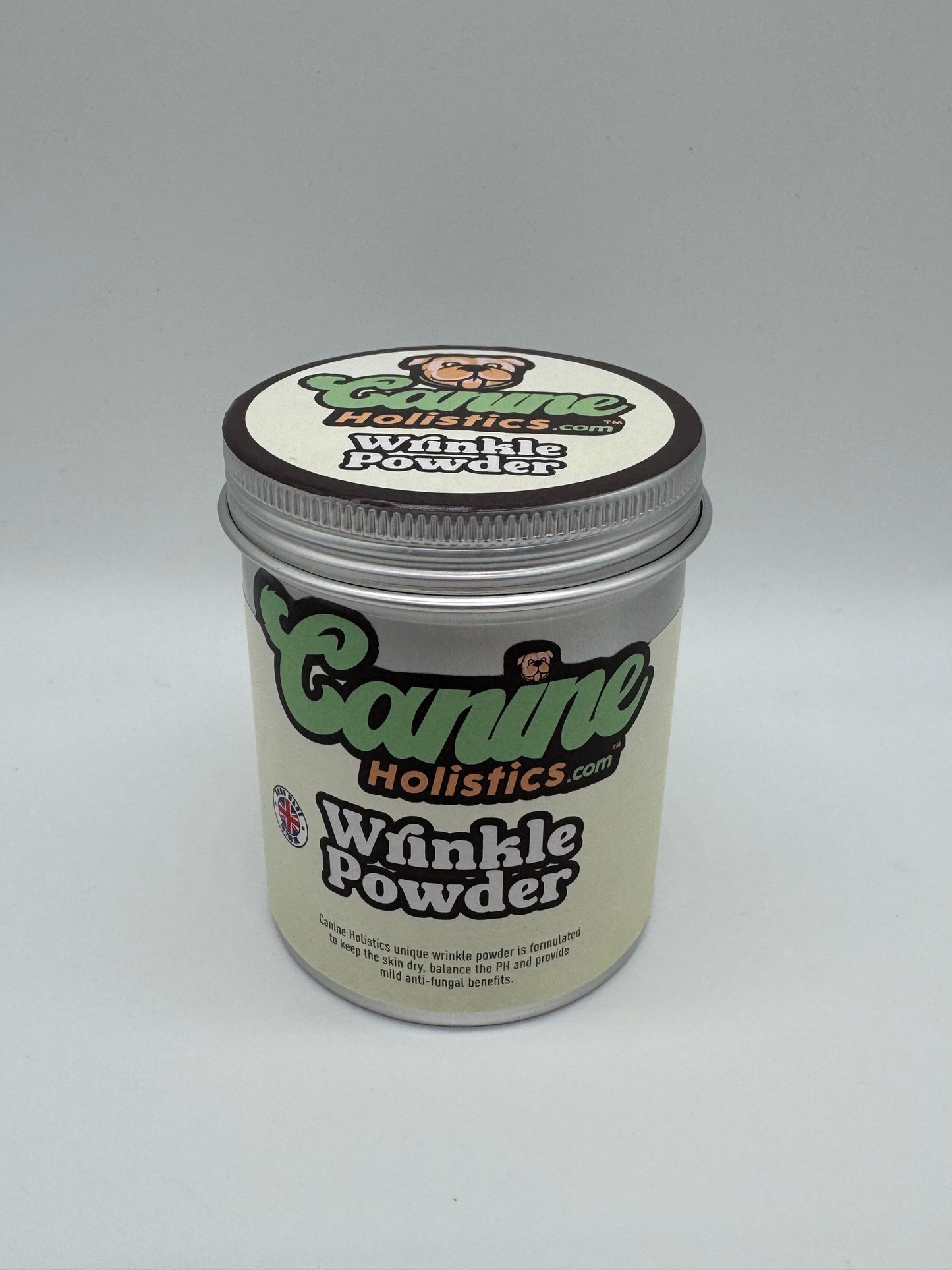 Image containing Canine Holistics™ Wrinkle Powder 250g. Front view of branded product in aluminium packaging tin. 