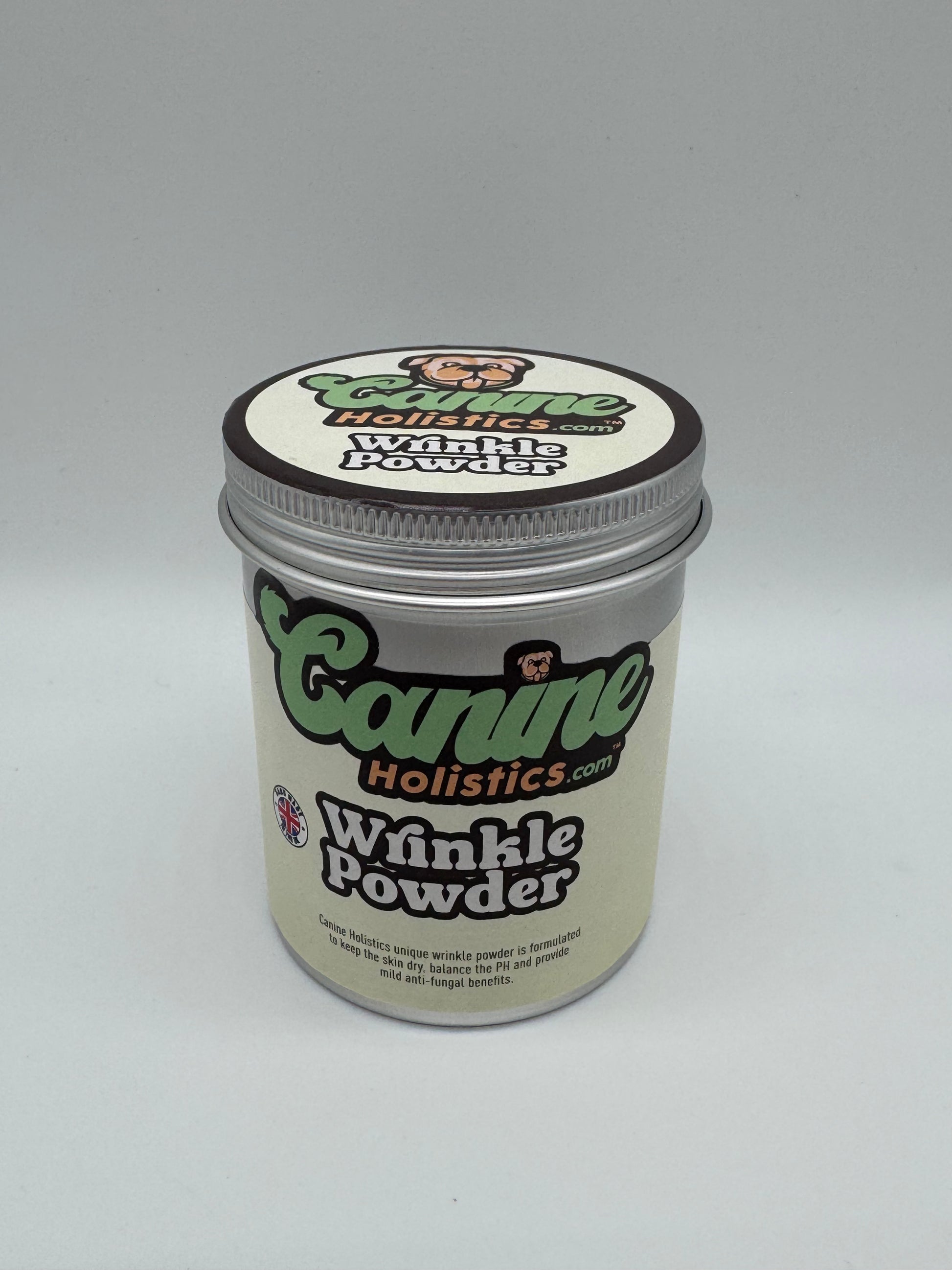 Image containing Canine Holistics™ Wrinkle Powder 250g. Front view of branded product in aluminium packaging tin. 