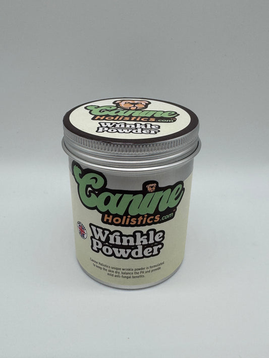 Image containing Canine Holistics™ Wrinkle Powder 250g. Front view of branded product in aluminium packaging tin. 