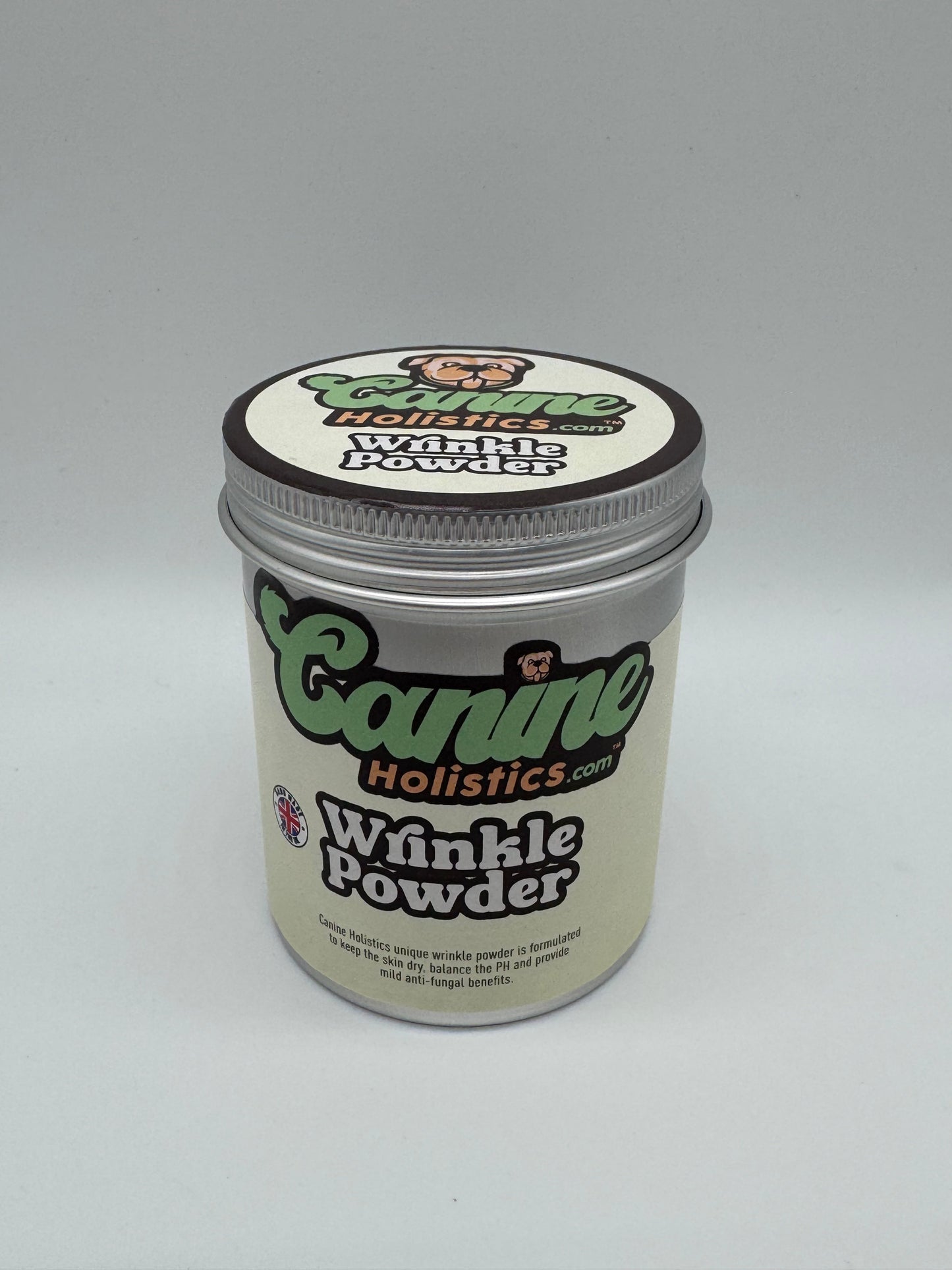 Image containing Canine Holistics™ Wrinkle Powder 250g. Front view of branded product in aluminium packaging tin. 